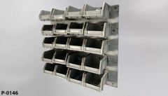 Parts organizer, 20 grey plastic bins (4"w x 5"d x 3"t), on wood, stock number P-0146