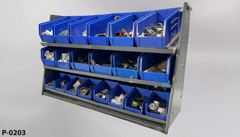 Parts organizer, 3 tier grey metal rack w/ 20 full blue plastic parts, stock number P-0203