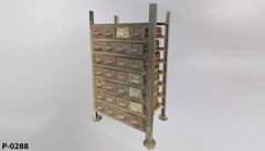 Parts organizer shelf unit, 28 drawers on dark brown metal rack w, stock number P-0288