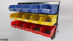 Parts organizing rack, w/ 15 parts bins (5-red, 5-yellow, 5-blue), stock number P-0303