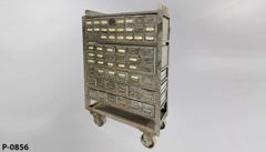 Parts organizer cart, grey/aged, w/ 60 drawers, top/bottom shelf, on, stock number P-0856