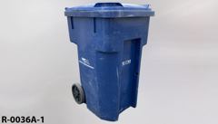 Recycling/Trash bin, blue plastic, flip top, w/ 2 casters, heavy, stock number R-0036a-1
