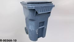 Recycling/Trash bin, grey plastic, flip top, w/ 2 casters, heavy, stock number R-0036a-10