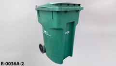 Recycling/Trash bin, green plastic, flip top, w/ 2 casters, heavy, stock number R-0036a-2