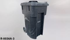 Recycling/Trash bin, black plastic, flip top, w/ 2 casters, heavy, stock number R-0036a-3