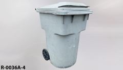 Recycling/Trash bin, grey plastic, flip top, w/ 2 casters, heavy, stock number R-0036a-4