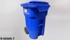 Recycling/Trash bin, blue plastic, flip top, w/ 2 casters, heavy, stock number R-0036a-7