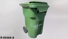 Recycling/Trash bin, green plastic, flip top, w/ 2 casters, heavy, stock number R-0036a-8