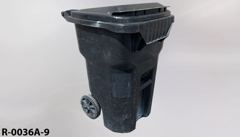 Recycling/Trash bin, black plastic, flip top, w/ 2 casters, heavy, stock number R-0036a-9