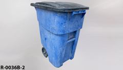 Recycling/Trash bin, blue plastic, black flip top, w/ 2 casters, stock number R-0036b-2