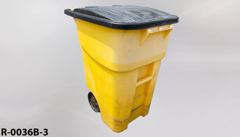 Recycling/Trash bin, yellow plastic, black flip top, w/ 2 casters, stock number R-0036b-3