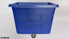 Recycling/Trash bin, blue plastic w/ 4 wheels, 46"wx32"dx38"t, stock number R-0053a