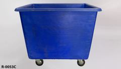 Recycling/Trash bin, blue plastic w/ 4 wheels, 43"wx31"dx38"t, stock number R-0053c