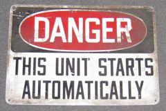 Sign-Danger this unit starts automatically, red/blk/wht, 14"w x 10"t, stock number S-0031