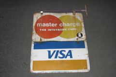 Sign-Mastercharge, the interbank card/Visa, w/wall bracket, stock number S-0048