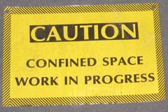 Sign-Caution confined space work in progress, plastic, blk/ylw, 17"w, stock number S-0183