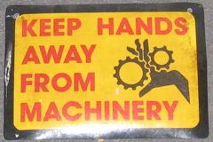 Sign-Keep Hands Away From Machinery, ylw/blk/red plastic, 10"w x 7"t, stock number S-0206