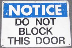 Sign-Notice Do Not Block This Door, wht/blk/blue, metal, 14"w x 10"t, stock number S-0248