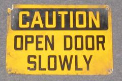 Sign-Caution Open Door Slowly, blk/yellow, plastic, 10"w x 7"t, stock number S-0283