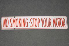 Sign-No Smoking Stop Your Motor, period, porcelain enamel/metal, stock number S-0348a