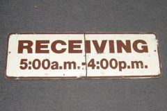 Sign-Receiving 5:00a.m. - 4:00p.m., masonite, brown/wht, 30"w x 10"t, stock number S-0381