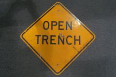 Sign-Open Trench, metal, blk/orange, 32"w x 32"t (24"x24" square), stock number S-0402