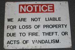 Sign-Notice we are not liable for loss of property due to fire, theft, stock number S-0457