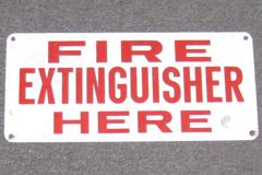 Sign-Fire Extinguisher Here, metal, red/white, 14"w x 7"t, stock number S-0470