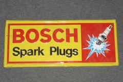 Sign-Bosch Spark Plugs, embossed metal, red/blk/blue/ylw, 24"w x 10"t, stock number S-0494