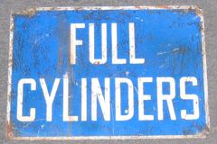 Sign-Full Cylinders, blue/wht metal, 14"w x 10"t, stock number S-0624