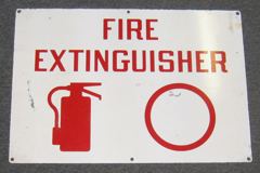 Sign-Fire Extinguisher V w/ picture of fire extinguisher, metal, stock number S-0628