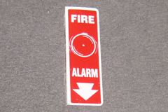 Sign-Fire Alarm, 2-sided, w/ picture of alarm bell, red/wht, 4"w x, stock number S-0689
