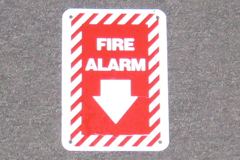 Sign-Fire Alarm, w/ arrow, metal, red/white, 5"w x7"t, stock number S-0720