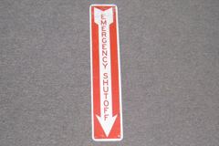 Sign-Emergency Shutoff, metal, red/silver, 4"w x 20"t, stock number S-0831