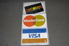 Sign-period-Discover-Mastercard-Visa, metal, multi-color, 16"w x 32"t, stock number S-0910