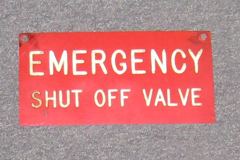Sign-Emergency Shut Off Valve, engraved plastic, wht/red, 9"w x 5"t, stock number S-0951