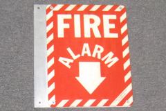 Sign-Fire Alarm V, 2-sided-wall mount, plastic, red/white, 9"w x 12"t, stock number S-0993