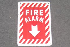 Sign-Fire Alarm V, 2-sided, plastic, red/white, 10"w x 14"t, stock number S-0996