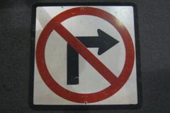 Sign-international symbol for no right turn, masonite, stock number S-1057