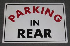 Sign-Parking In Rear, plastic, red/black/white, 21"w x 14"t, stock number S-1107