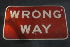 Sign-Wrong Way, red/wht, metal, 36"w x 21"t, stock number S-1176