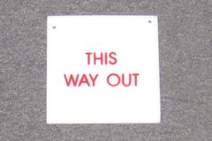 Sign-This Way out, plastic, red/white, 6"w x 6"t, stock number S-1185