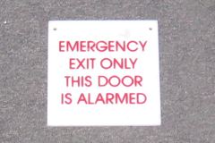 Sign-Emergency Exit Only This Door Alarmed, plastic, red/wht, 6" x 6", stock number S-1272
