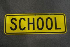 Sign-School, metal, ylw/blk, 30"w x 10"t, stock number S-1297