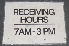 Sign-Receiving Hours 7AM - 3PM, 24x18, blk/wht, stock number S-1326