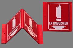 Sign-Fire Extinguisher ¯V¯, 2 sided angled wall mount, red/wht, stock number S-1404