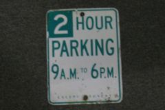 Sign-2 Hour Parking, wht/green, metal, 6"w x 8"t, stock number S-1458
