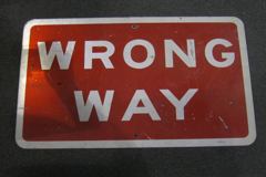 Sign-Wrong Way, red/wht, metal, 30"w x 18"t, stock number S-1625