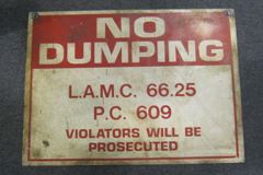 Sign-No Dumping- E.A.M.O. 66 ..., plastic red & wht, 24"w x 18"t, stock number S-1671