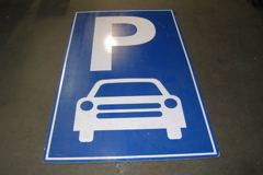 Sign-P (for parking), w/ symbol of front of car, plastic, blue/white, stock number S-1886